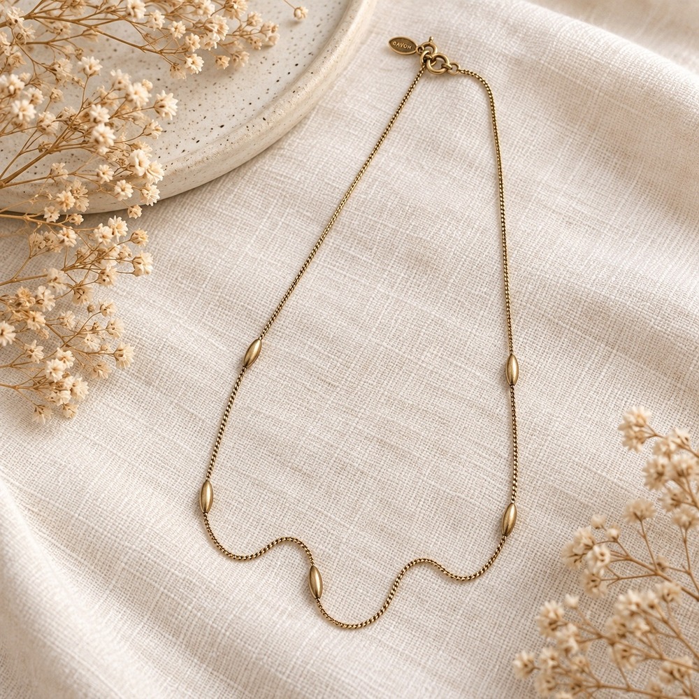 Avon Vintage Gold Tone Rice Bead Station Cable Chain Necklace